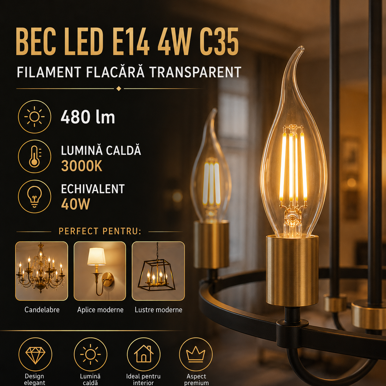LED крушка E14 4W Филамент Пламък Прозрачна