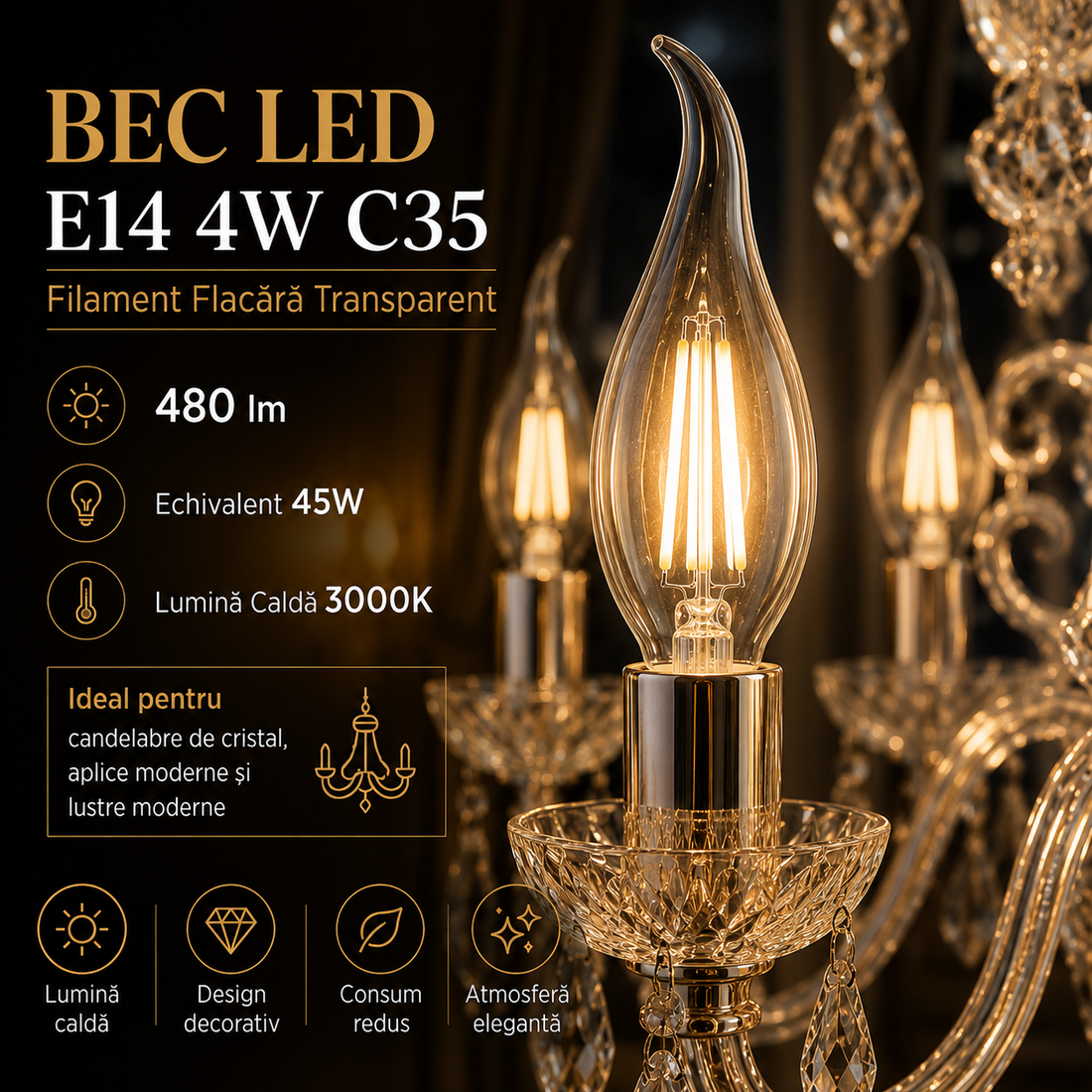 LED крушка E14 4W Филамент Пламък Прозрачна