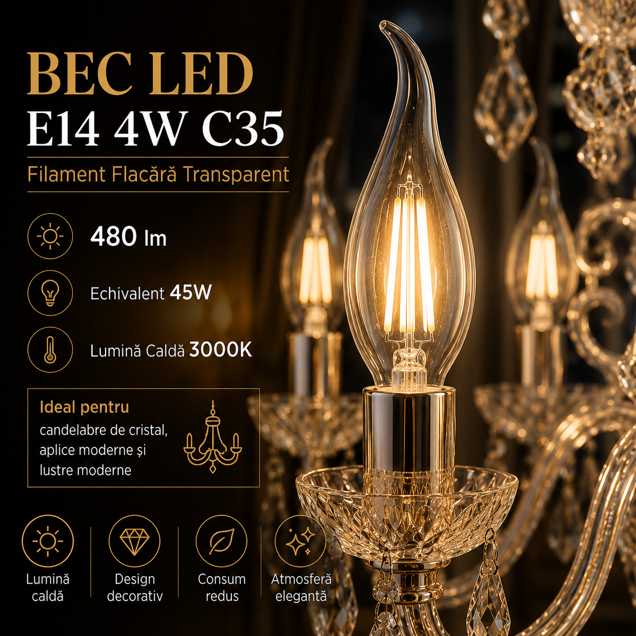 LED крушка E14 4W Филамент Пламък Прозрачна