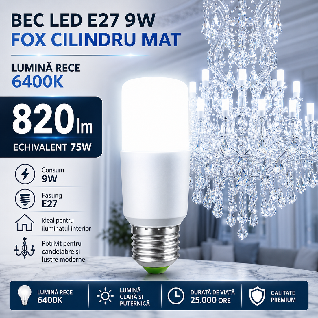 LED крушка E27 9W FOX цилиндър мат