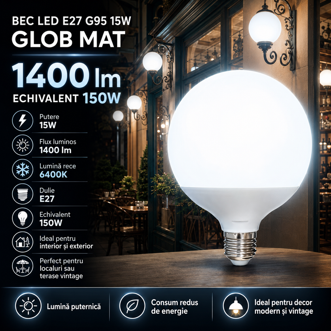 LED крушка E27 15W G95 матов глобус
