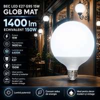 LED крушка E27 15W G95 матов глобус