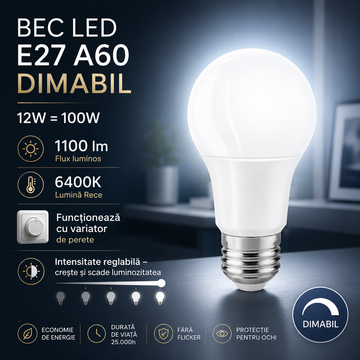 LED крушка E27 12W=100W матов глобус ДИМИРАЩА