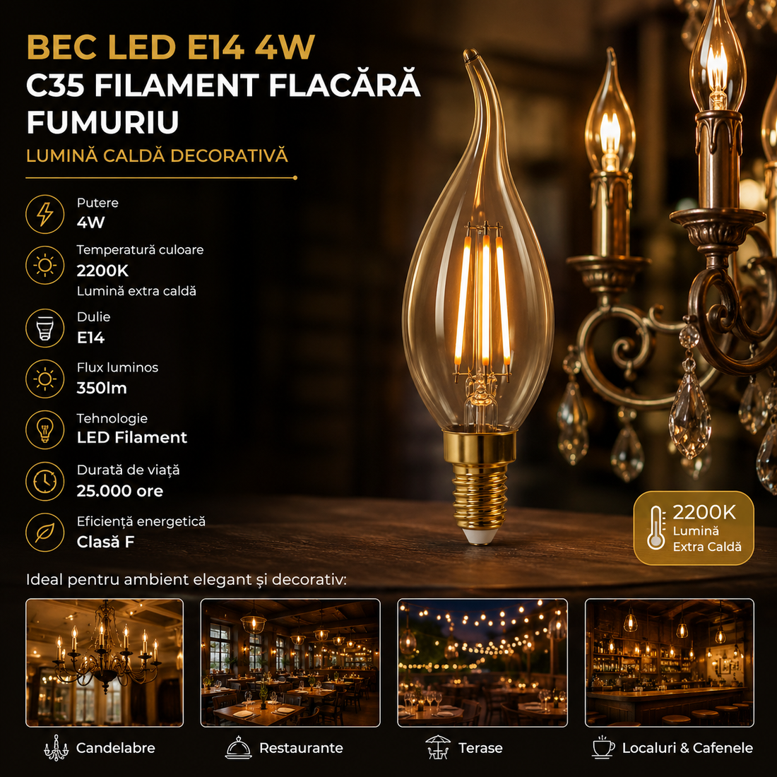LED крушка E14 4W 1700K филамент пламък опушена димираща
