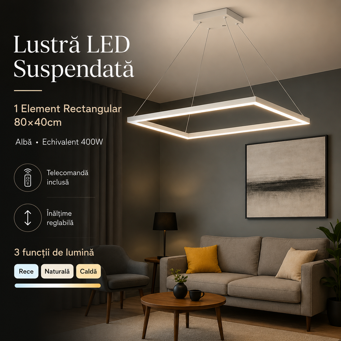 LED осветително тяло тип пендел с 1 правоъгълен елемент 80X40CM бял, еквивалент 400W