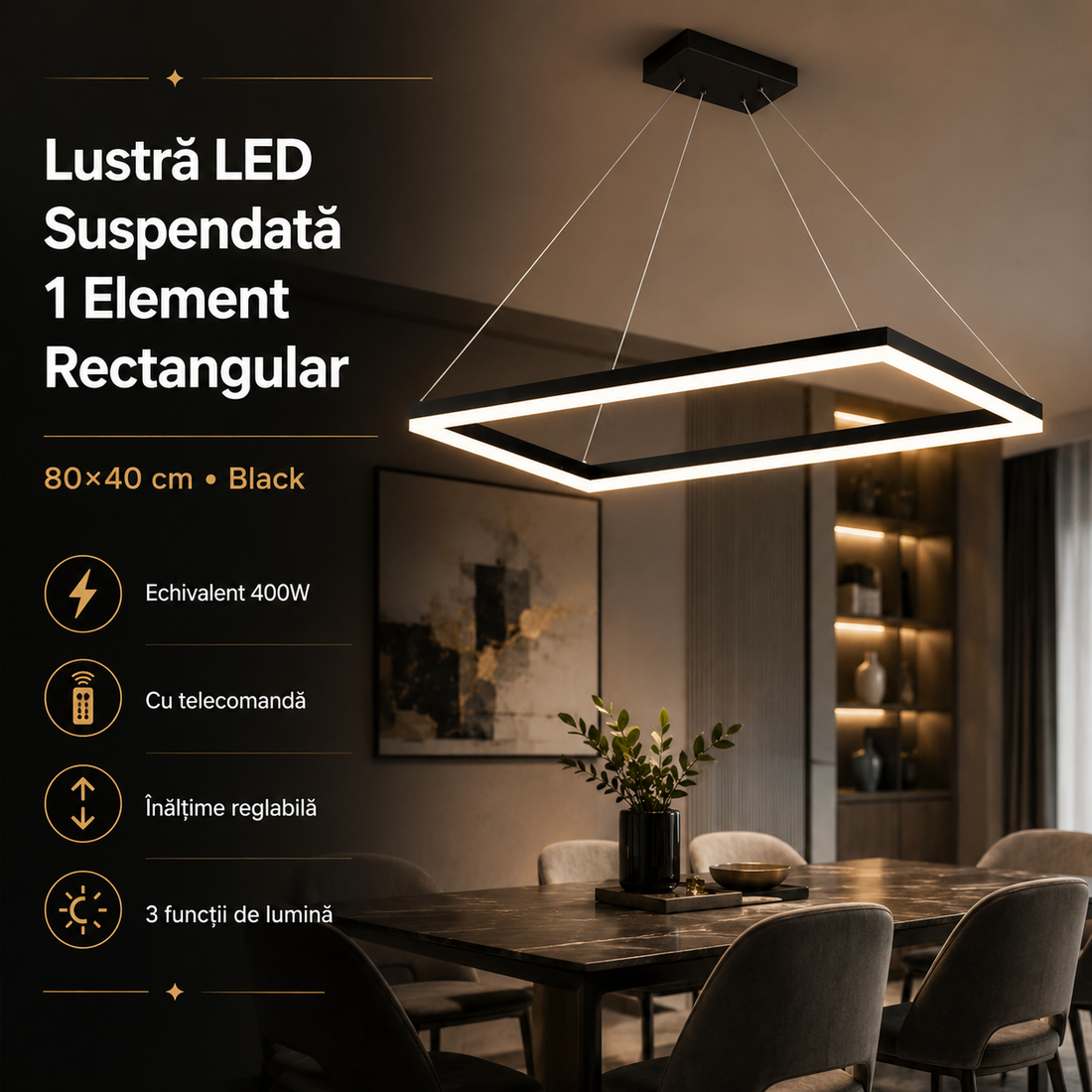 LED пендел с едно правоъгълно тяло 80X40CM Черен, еквивалент 400W