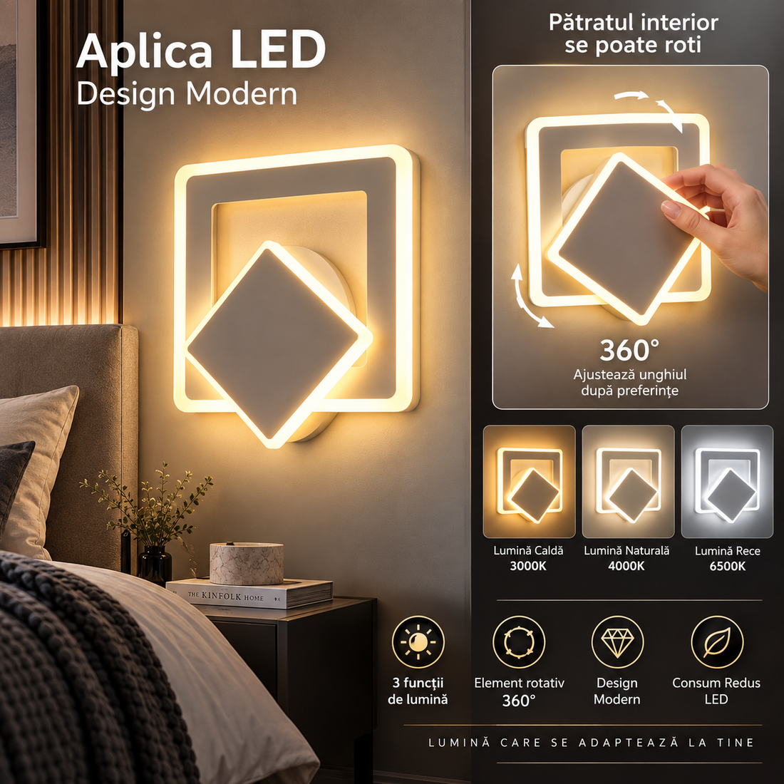 LED аплик Square, регулируем, бял, еквивалент 150W