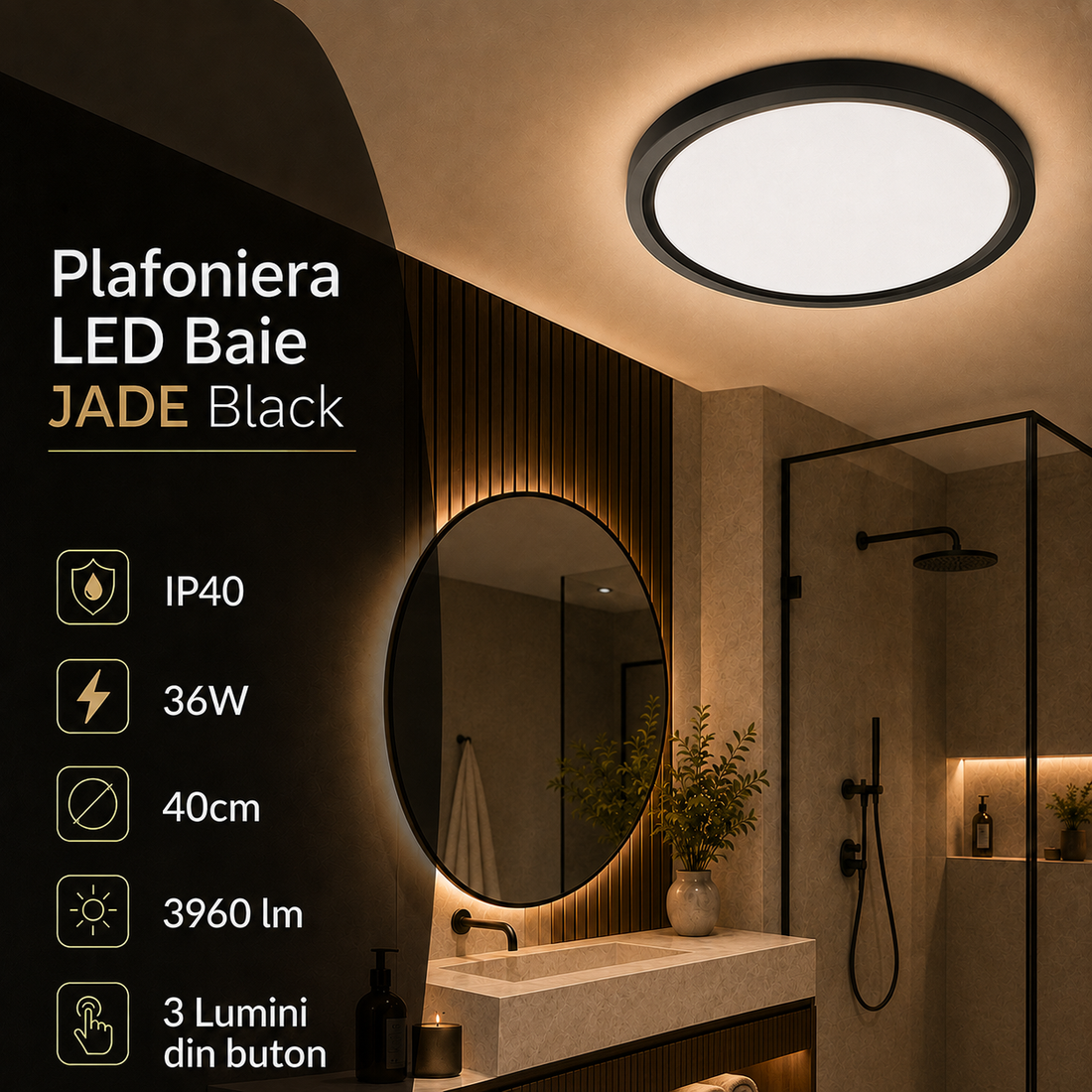 LED плафон за баня 36W Черен 40cm IP40 3 вида светлина еквивалент 400W