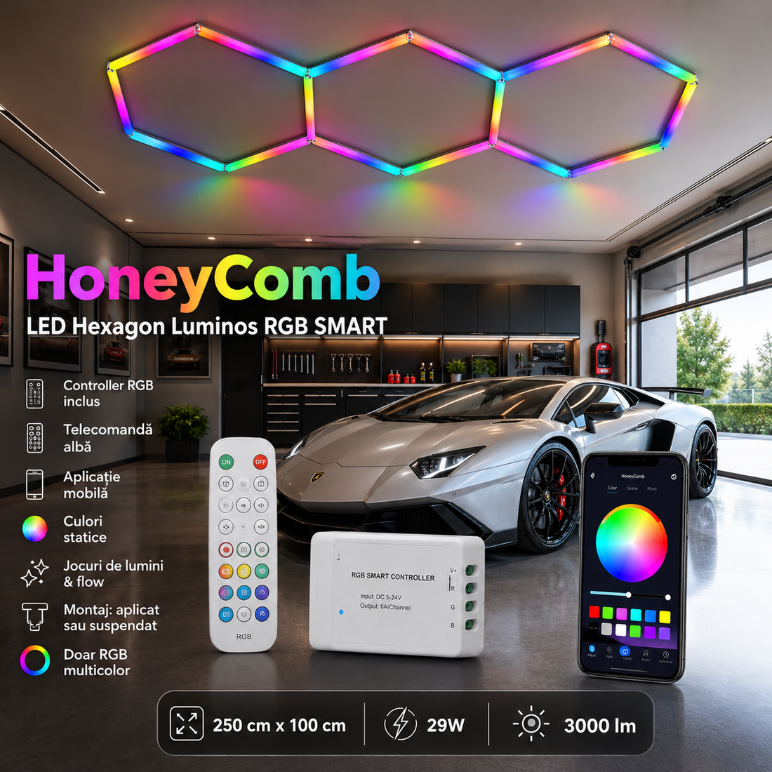 HoneyComb LED шестоъгълно осветление RGB SMART 250cm X 100cm