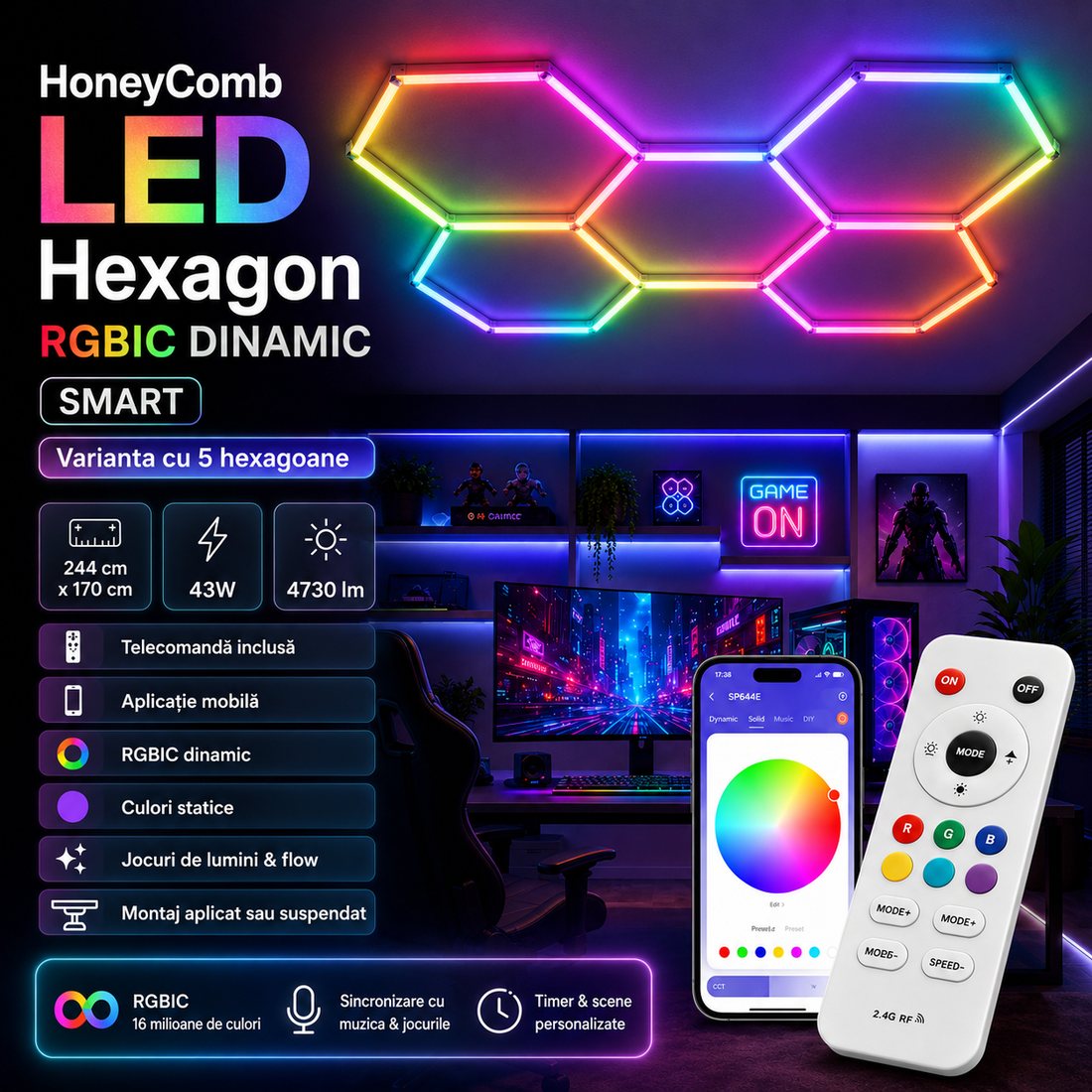 HoneyComb LED шестоъгълно осветление RGB SMART 244cm X 170cm
