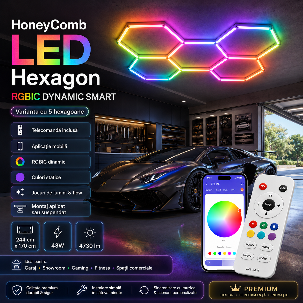 HoneyComb LED шестоъгълно осветление RGB SMART 244cm X 170cm