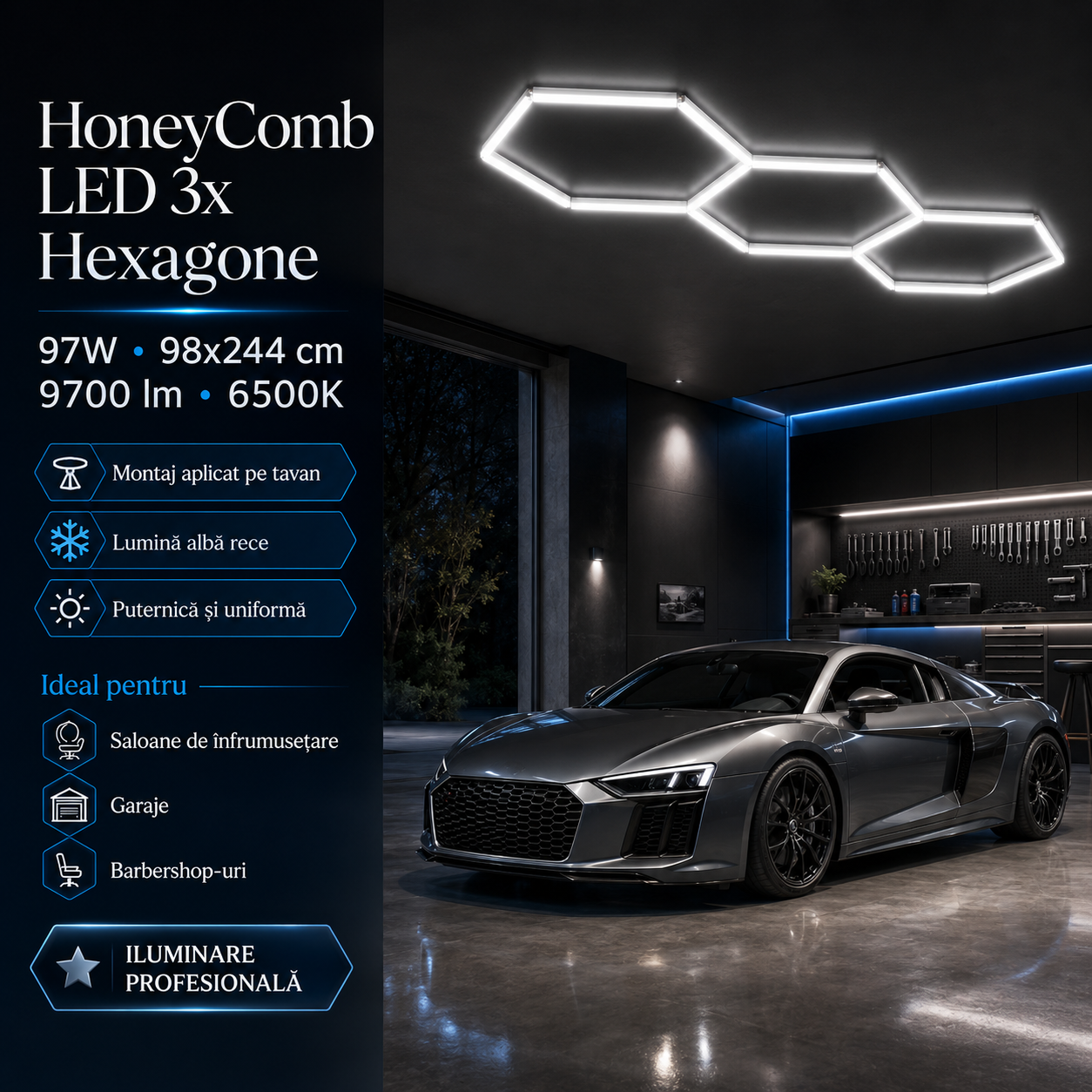 LED Плафон тип шестоъгълник 98x244CM 160W еквивалент 1500W