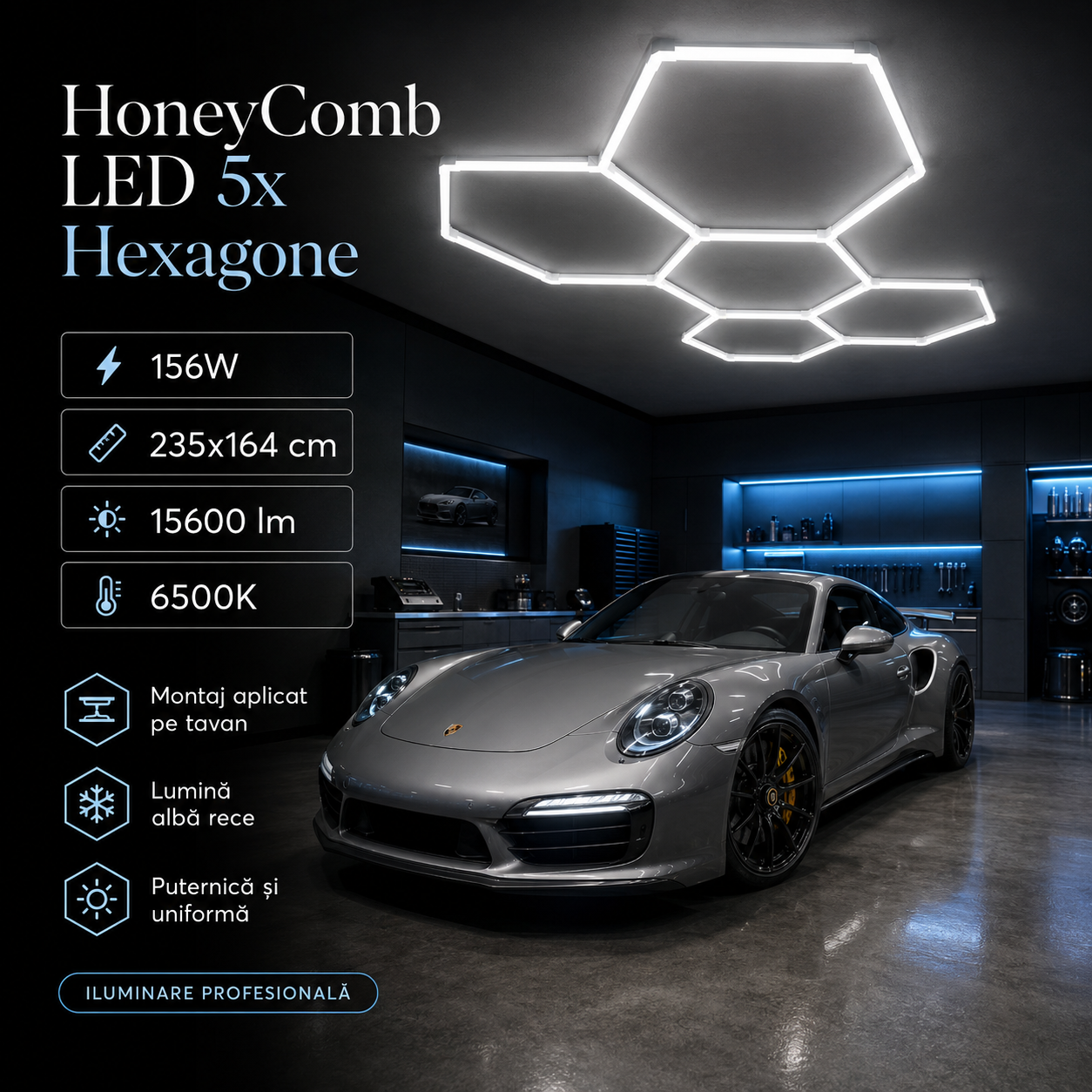 HoneyComb LED 5 светещи шестоъгълника 192W 235 X 164 CM