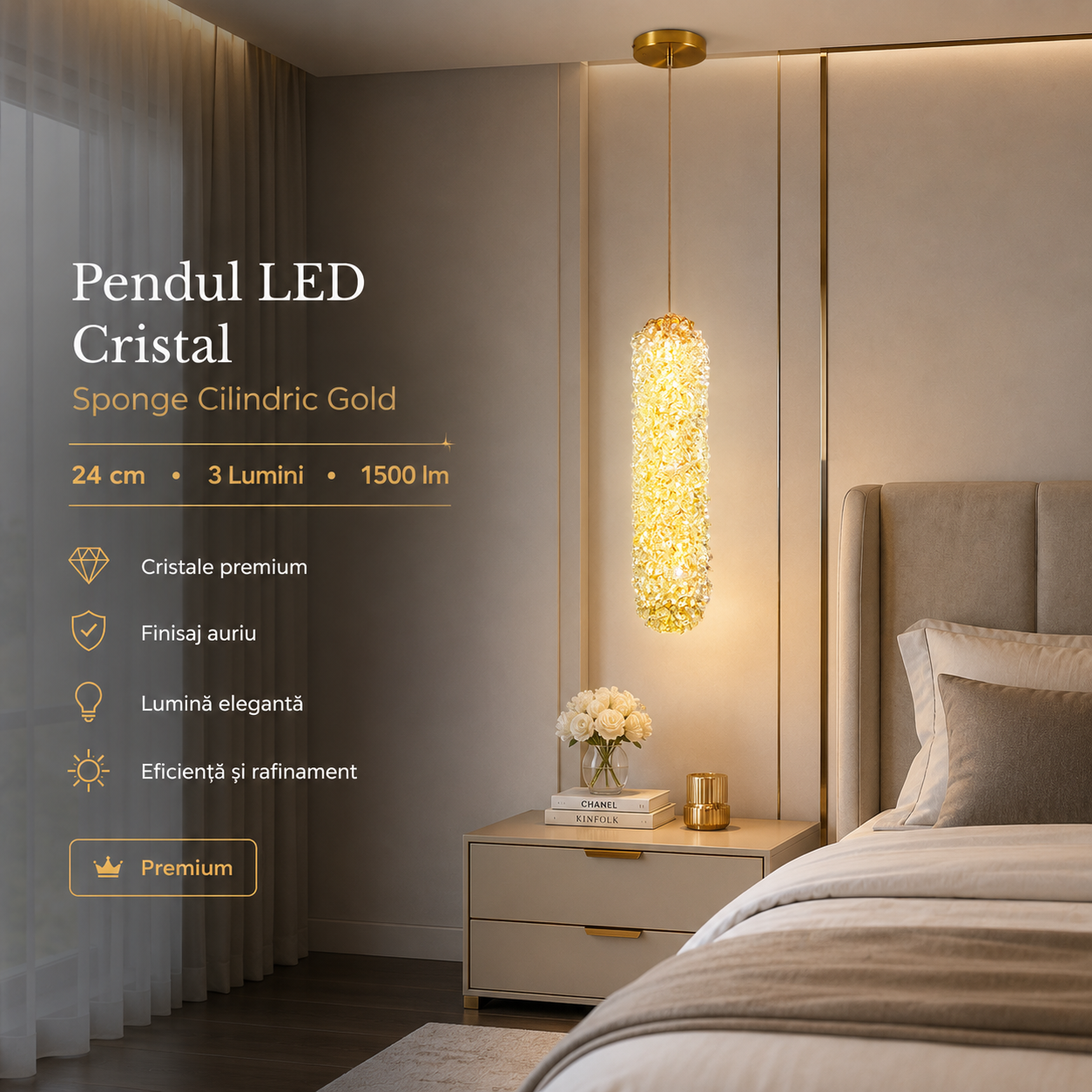 Пендел LED Cristal Sponge Цилиндричен Gold