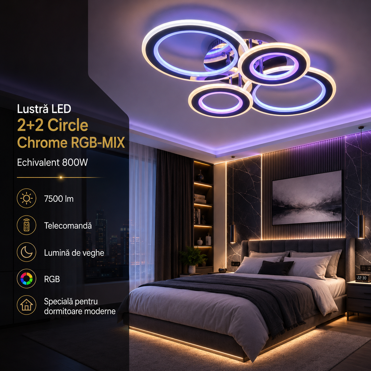 LED осветително тяло 2+2 CIRCLE CHROME RGB-MIX Еквивалент 800W С дистанционно управление