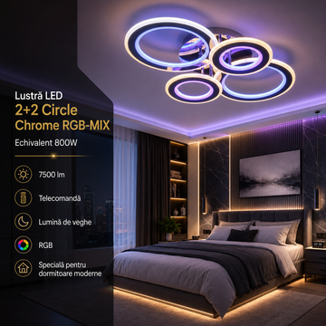 LED осветително тяло 2+2 CIRCLE CHROME RGB-MIX Еквивалент 800W С дистанционно управление