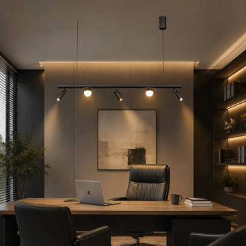 LED осветително тяло тип пендел MELI Black с абажур и 3 спота, еквивалент 90W, с дистанционно