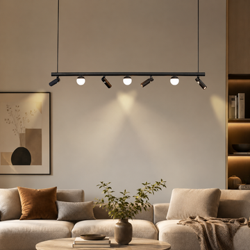 LED осветително тяло тип пендел MELI Black с абажур и 4 спота, еквивалент 150W, с дистанционно