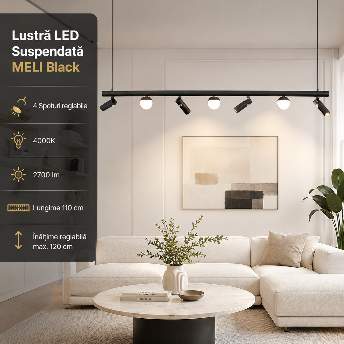 LED осветително тяло тип пендел MELI Black с абажур и 4 спота, еквивалент 150W, с дистанционно
