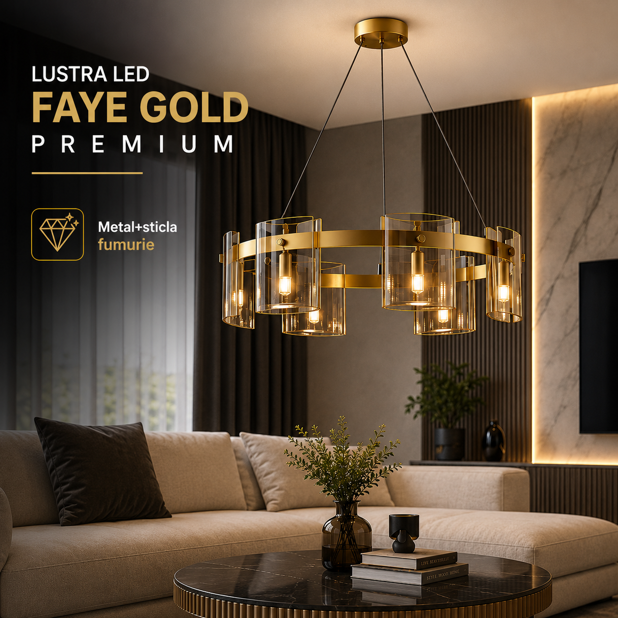 LED осветително тяло тип пендел Faye Gold с 6 елемента, еквивалент 250W