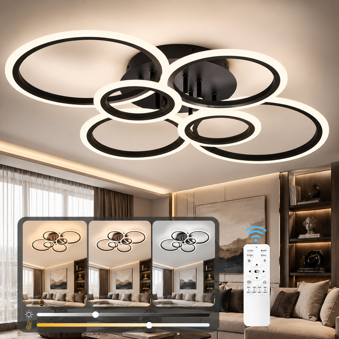 LED осветително тяло 4+2 CIRCLE MAXI Black Еквивалент 600W Дистанционно управление