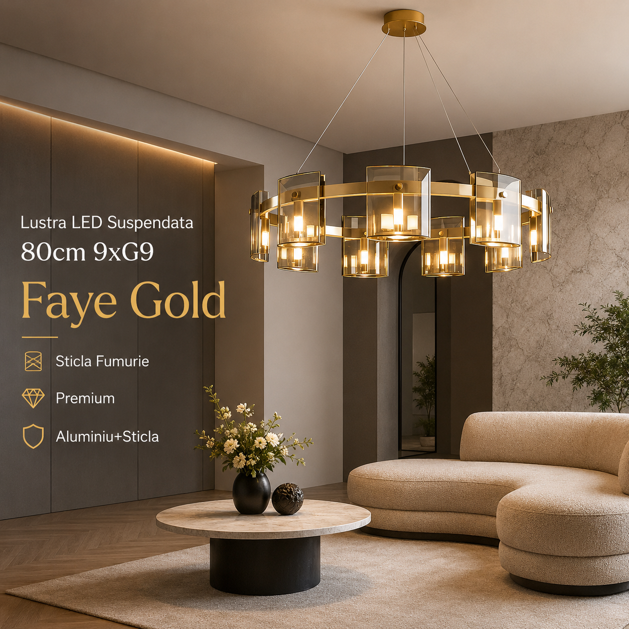 LED осветително тяло тип пендел Faye Round Gold, еквивалент 300W