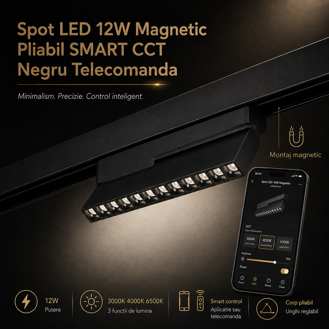 LED спот 12W магнитен сгъваем SMART CCT черен дистанционно