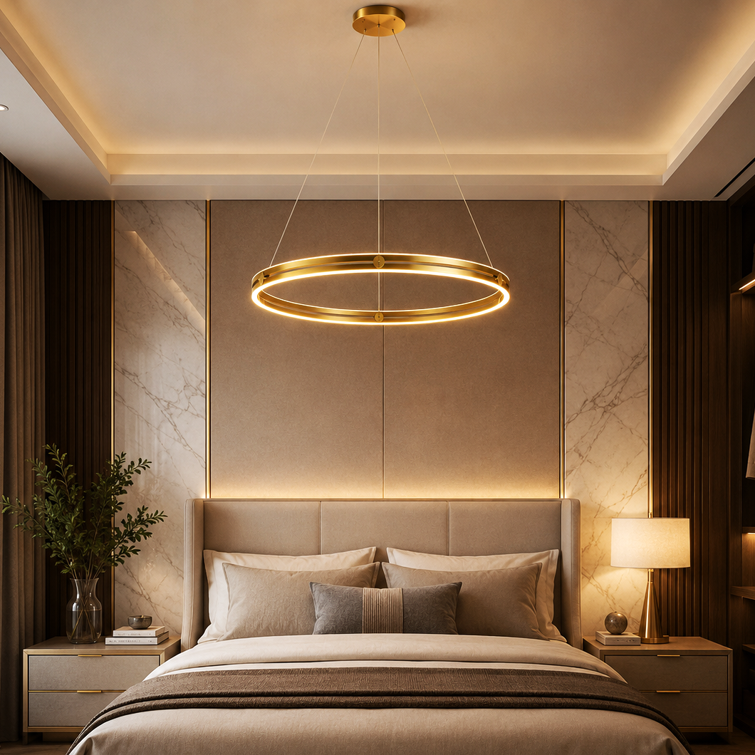 LED осветително тяло Mini Ring Gold висящо, еквивалент 400W, с дистанционно
