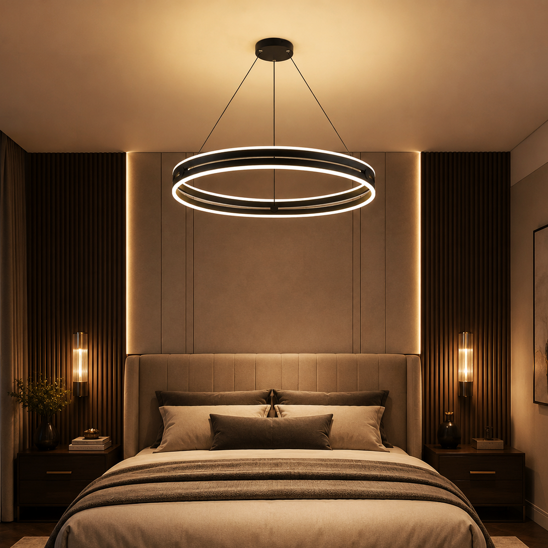 LED осветително тяло Mini Ring Черно, висящо, еквивалент 400W, с дистанционно