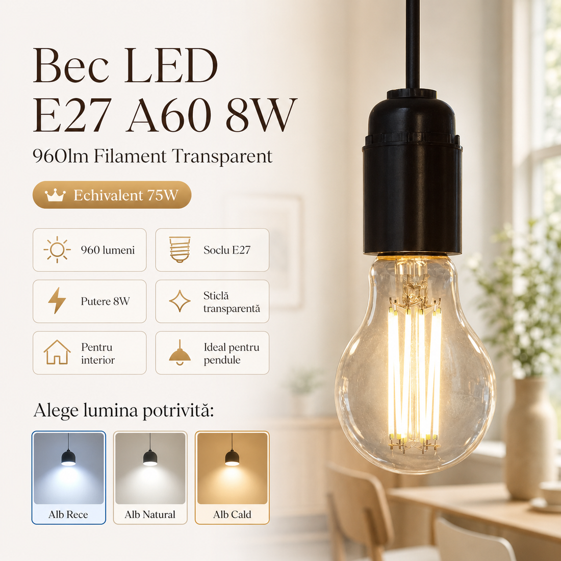 LED крушка E27 8W Филамент A60