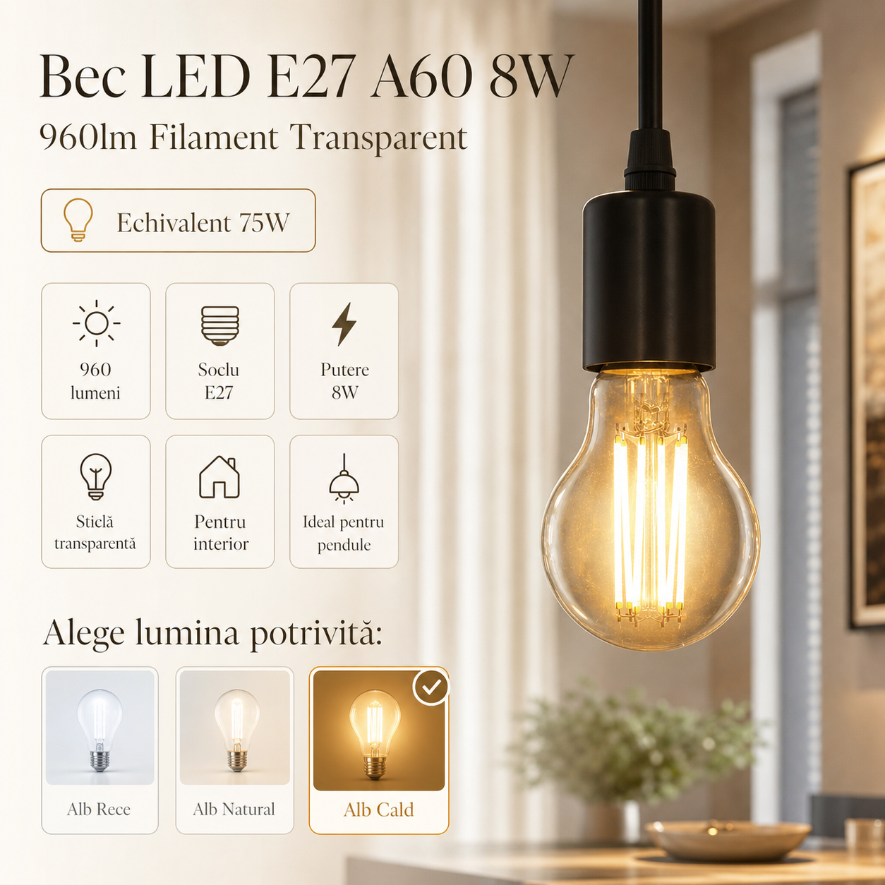 LED крушка E27 8W Филамент A60