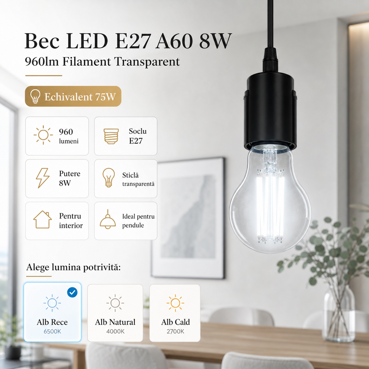 LED крушка E27 8W Филамент A60
