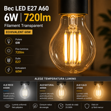 LED крушка E27 6W Филамент A60