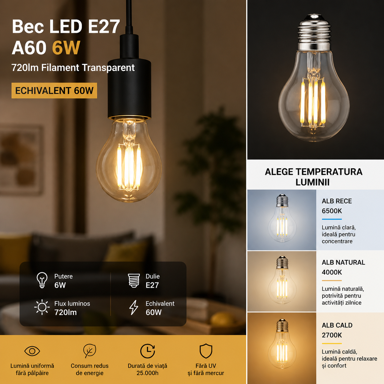 LED крушка E27 6W Филамент A60