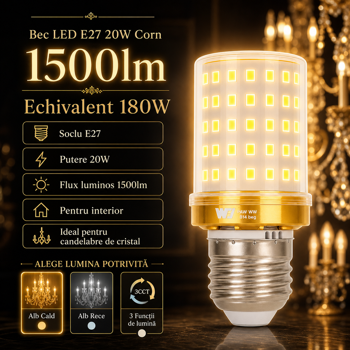 LED крушка E27 22W Corn еквивалент 180W