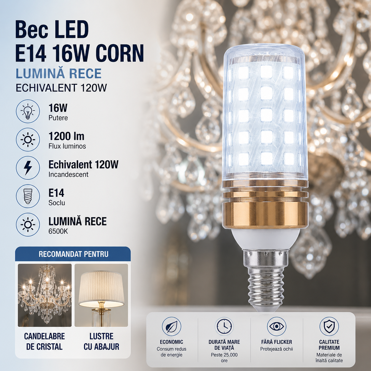 LED крушка E14 16W Corn / Студена светлина / Еквивалент 120W