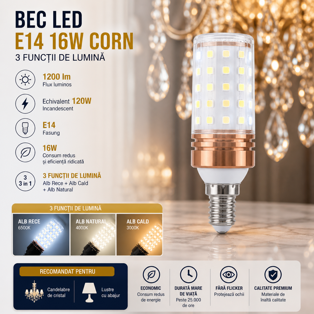 LED крушка E14 16W Corn / 3 функции светлина / Еквивалент 120W