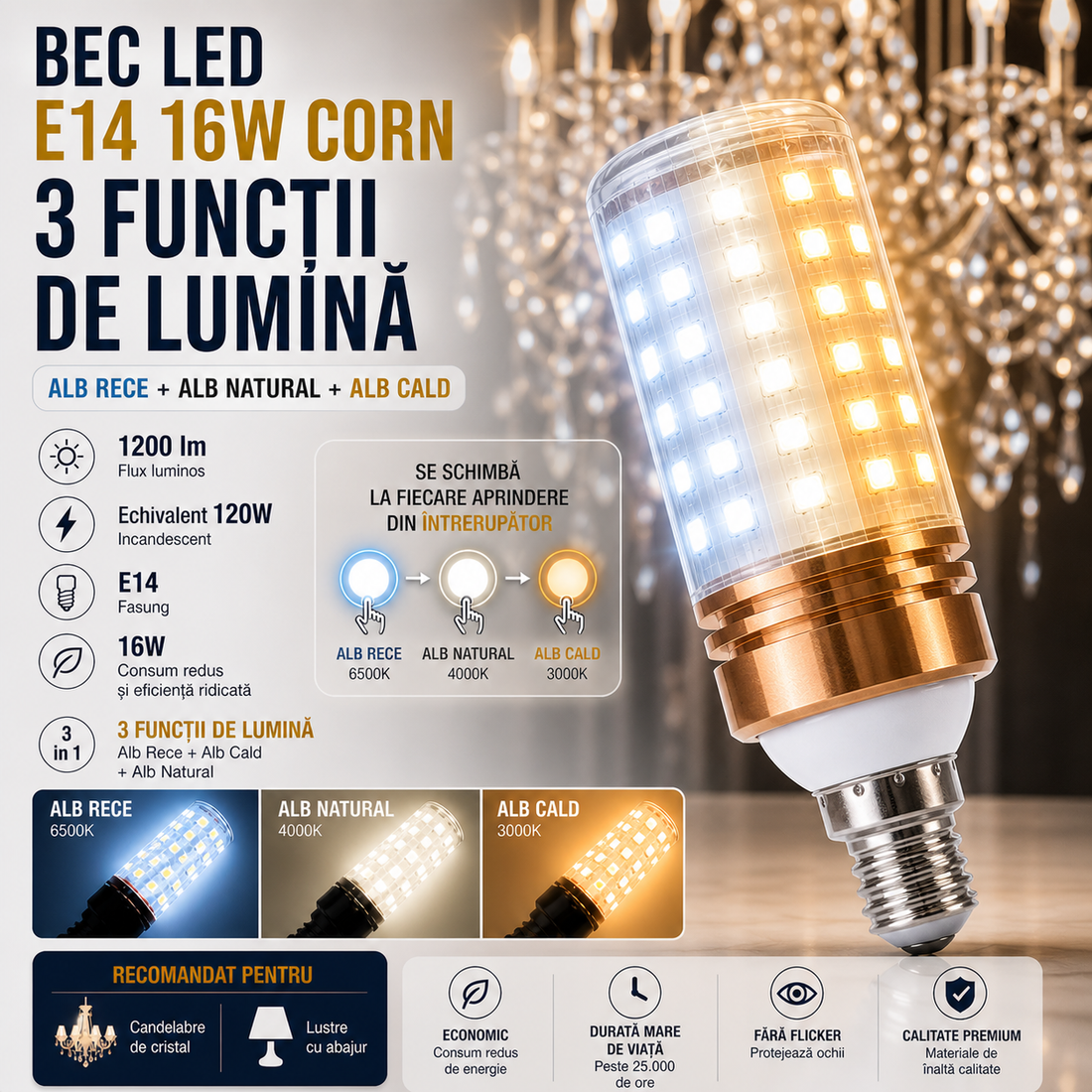 LED крушка E14 16W Corn / 3 функции светлина / Еквивалент 120W