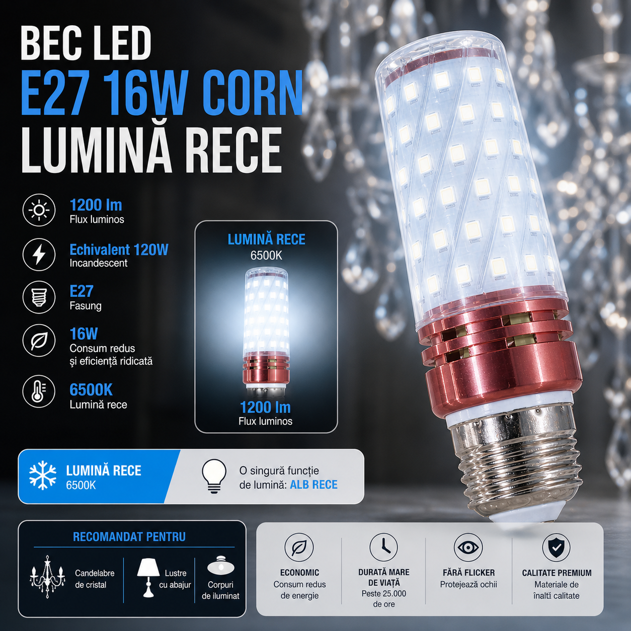 LED крушка E27 16W Corn / Студена светлина / Еквивалент 120W