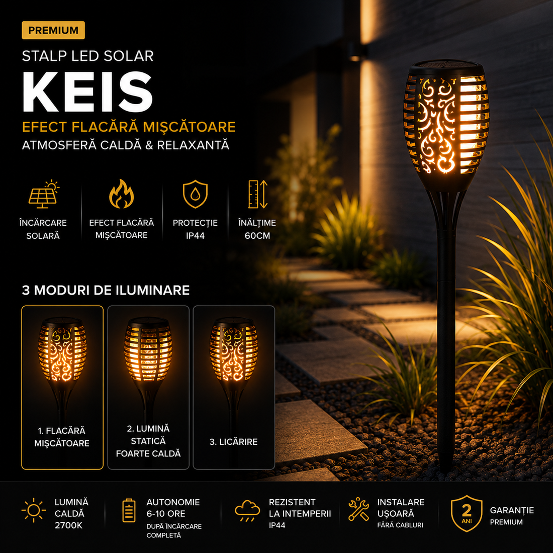 Соларен LED градински стълб факла с презареждане KEIS