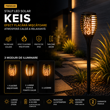 Соларен LED градински стълб факла с презареждане KEIS
