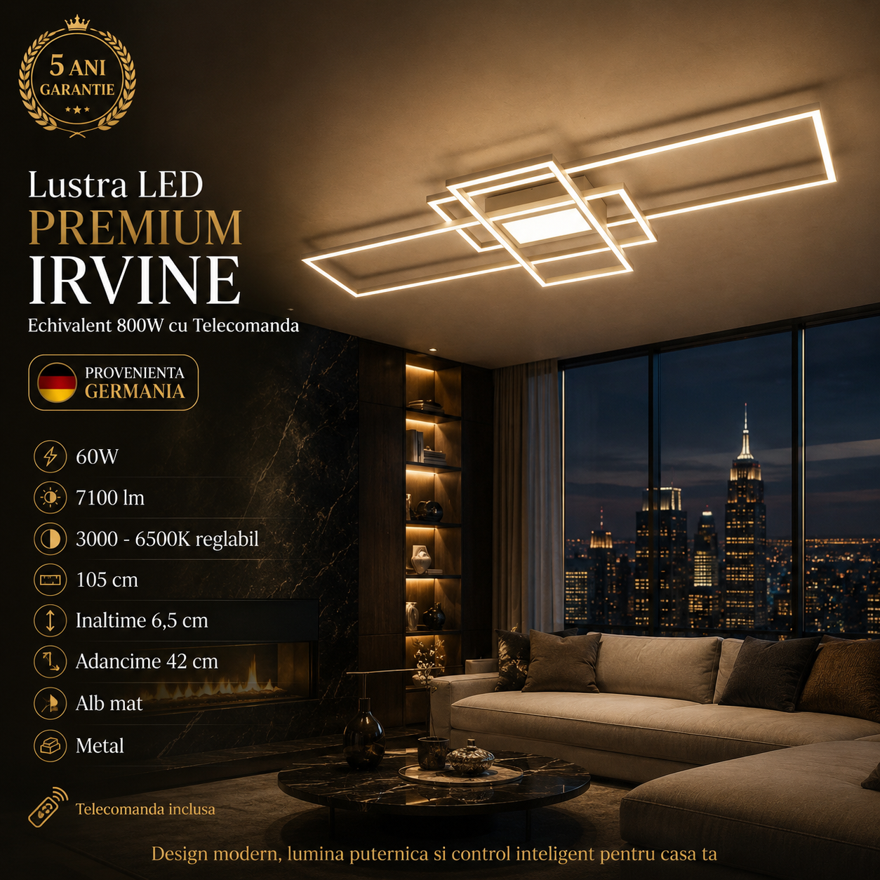 LED осветително тяло PREMIUM IRVINE Еквивалент 800W с дистанционно