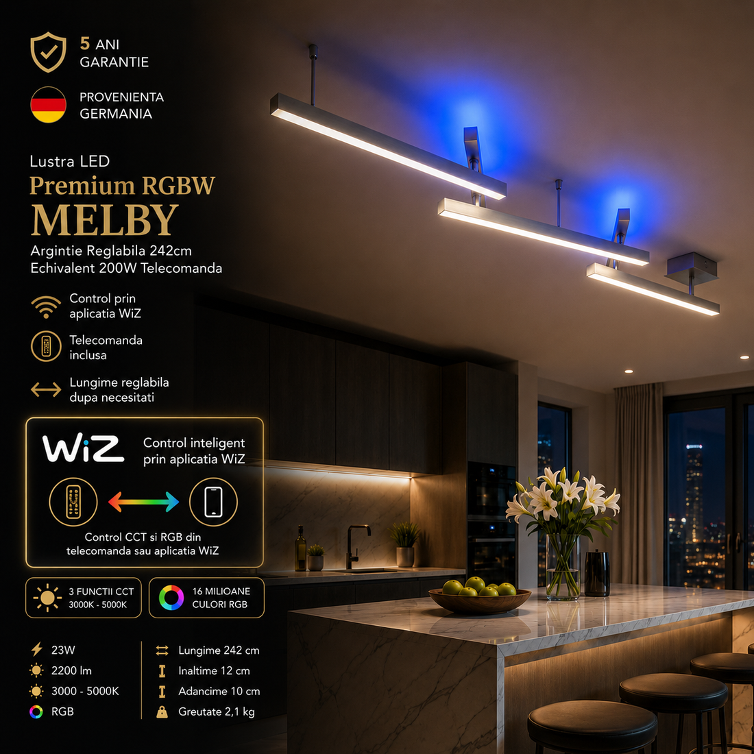 LED осветително тяло RGBW MELBY, регулируемо, сребристо, 242cm, еквивалент 300W, дистанционно