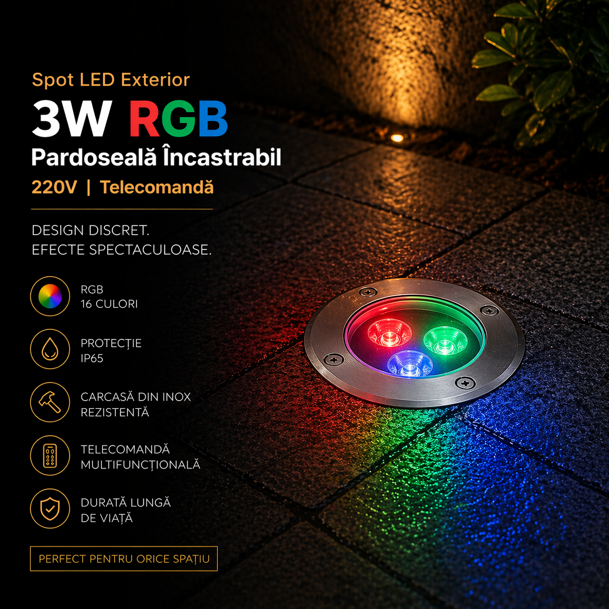 LED външен спот 3W RGB вграден в пода 220V с дистанционно управление