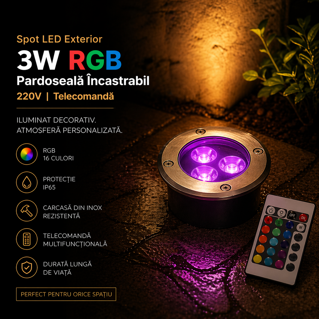 LED външен спот 3W RGB вграден в пода 220V с дистанционно управление