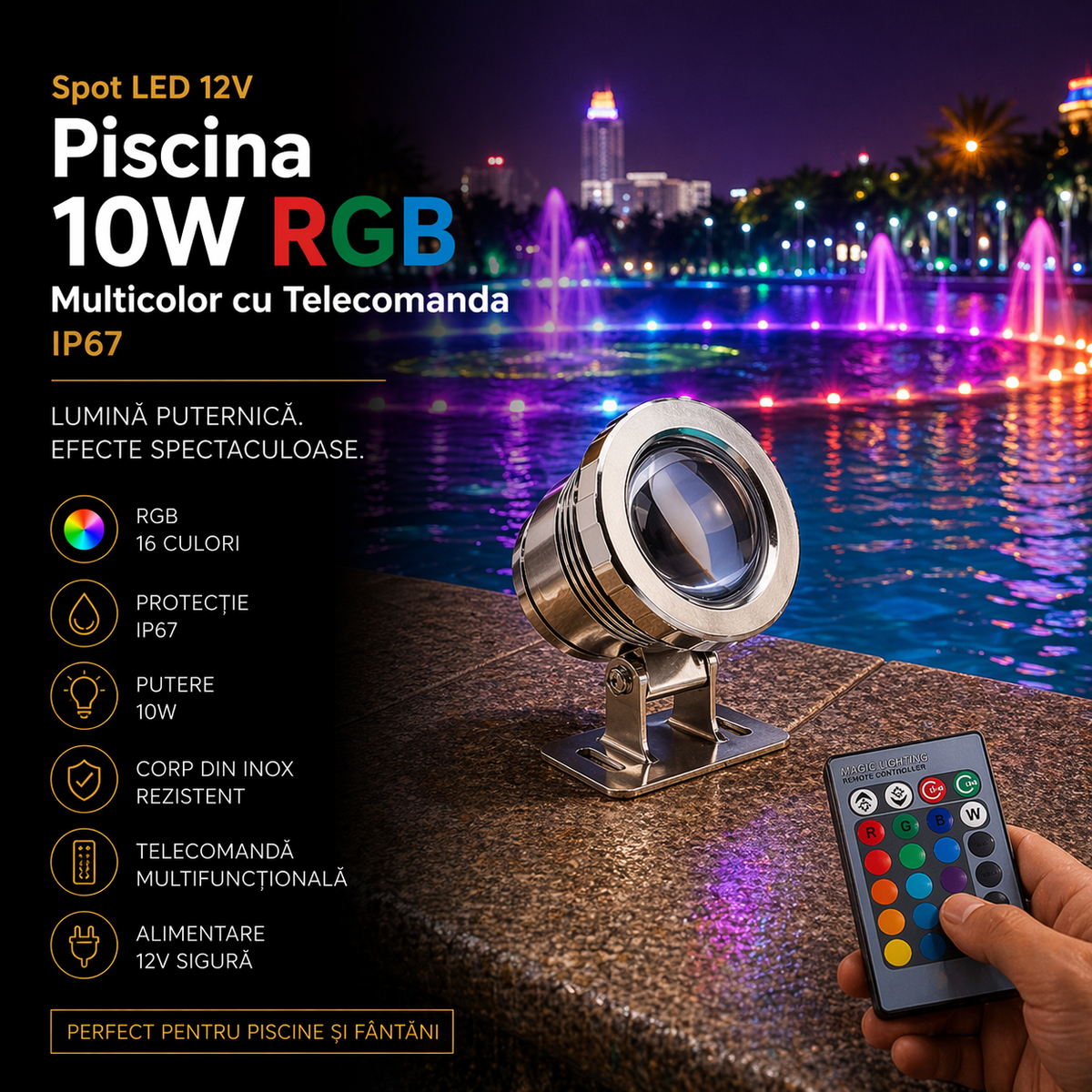 LED спот 12V за басейн 10W RGB многцветен с дистанционно IP67