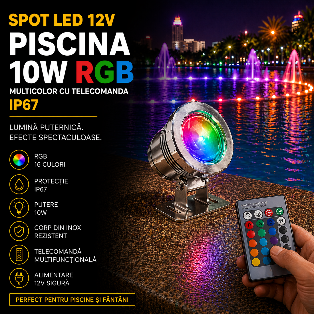 LED спот 12V за басейн 10W RGB многцветен с дистанционно IP67