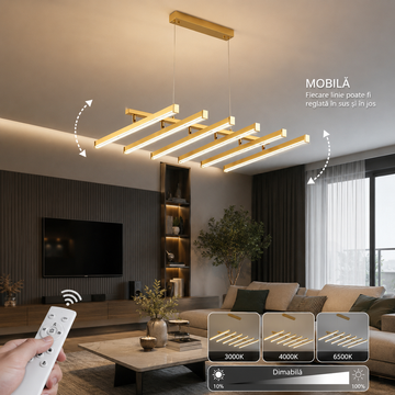 LED осветително тяло висящо с 6 регулируеми линии Gold, еквивалент 800W, с дистанционно