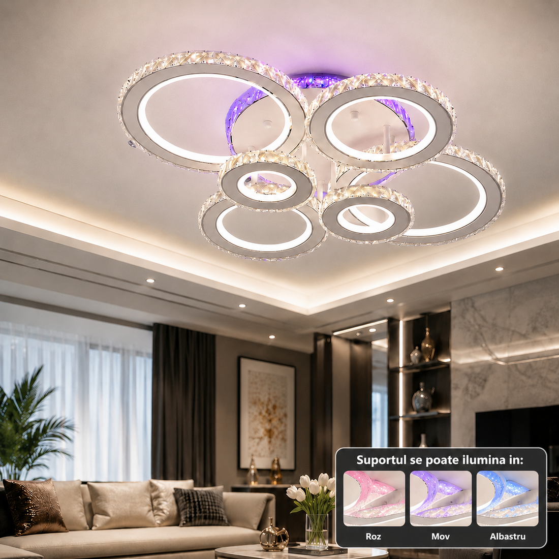 LED осветително тяло 6 CIRCLE Кристал Бяла RGB Еквивалент 800W Дистанционно