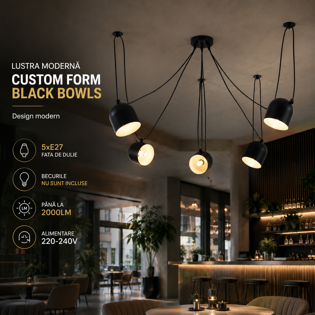 Модерно осветително тяло Custom Form Black Bowls 5xE27